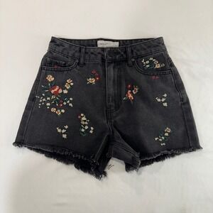 Banjara Floral Embroidered Denim Shorts Womens 1/24 Black Raw Hem Boho Festival